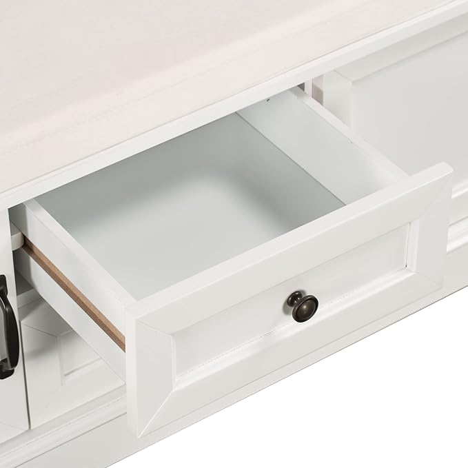42″ Storage Bench with 2 Drawers and 2 Cabinets，Multipurpose Entryway Shoe Rack W/Removable Cushion，for Living Room Hallway Porch,White