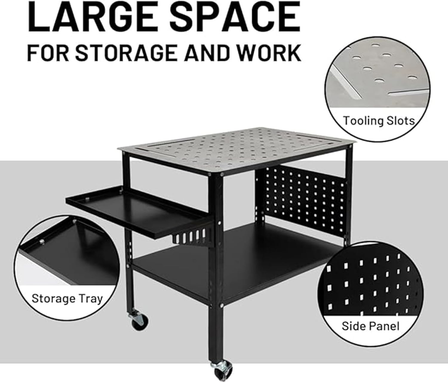 Welding Table 36''x24'' Portable Steel Cart, 1200 lbs Load Capacity Welding Workbench Table Welding Table Top with 5/8" Holes and Adjustable Wheels, Welding Cart for Welding Sawing