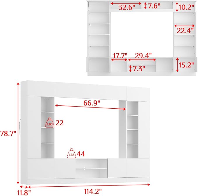 WOODTIME White 114" Large Wall Unit Entertainment Center with Bookshelves, Lights and 18 Shelves, Modern 4-Piece TV Stand Media Console Table with Bridge Cabinet for Living Room & Home Theater