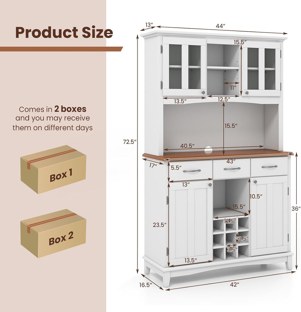 Moccha Kitchen Hutch with Storage, Farmhouse Buffet Cabinet Cupboard with Gla...