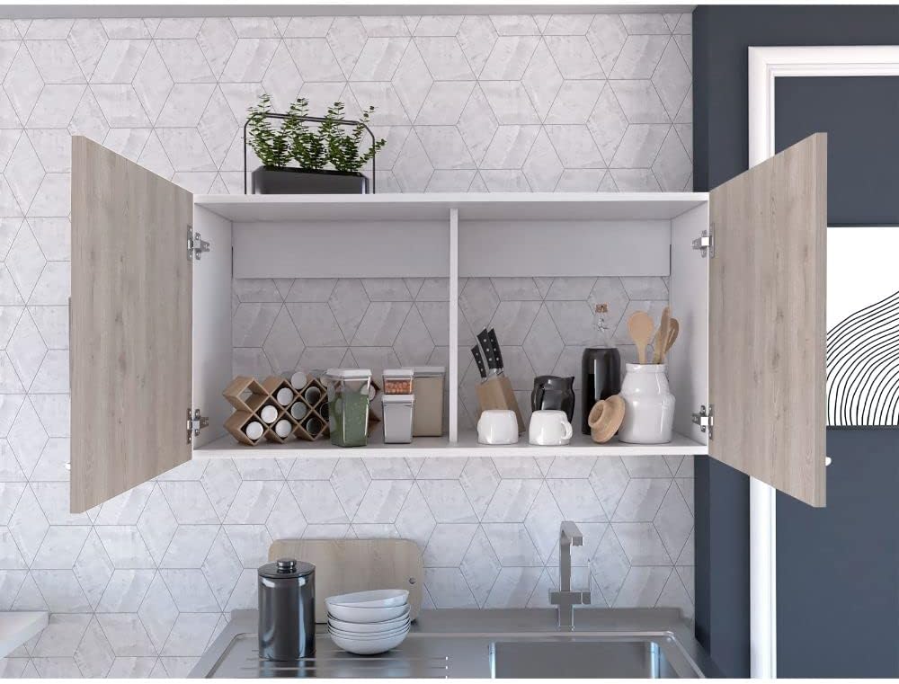 White and Light Grey 2-Door Wall Cabinet, 2-Compartment Kitchen Storage &...