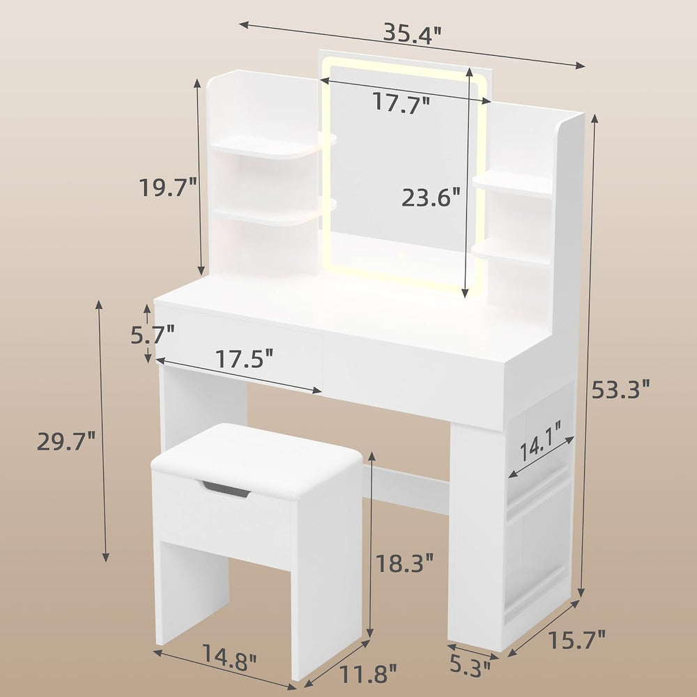 YESHOMY 35.4 Inch Vanity Desk Set with LED Mirror and Lights, Modern White | ...