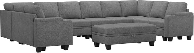 Belffin Oversized U Shaped Modular Sectional Couches for Living Room 10 Seater Modular Sofa Set with Storage Ottoman Large Sectional Couch with Cup Holder. Light Grey Sofa