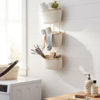 TeoKJ Over the Door Hanging Basket, 3-Tier Woven Cotton Wall-Mounted Storage Organizer Bag Decorative Hanging Nursery Baskets, White & Light Brown