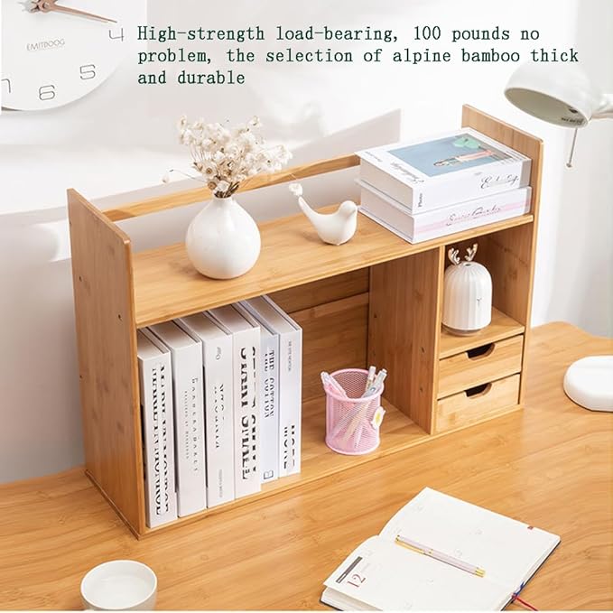 Bamboo Desktop Bookshelf, Small Bookcase for Students on The Desk, Simple Office Desk Bookshelf Organizer, Natural Bamboo Desktop Organizer,Ideal Gift for Family & Friends22.83x7.48x18.11in