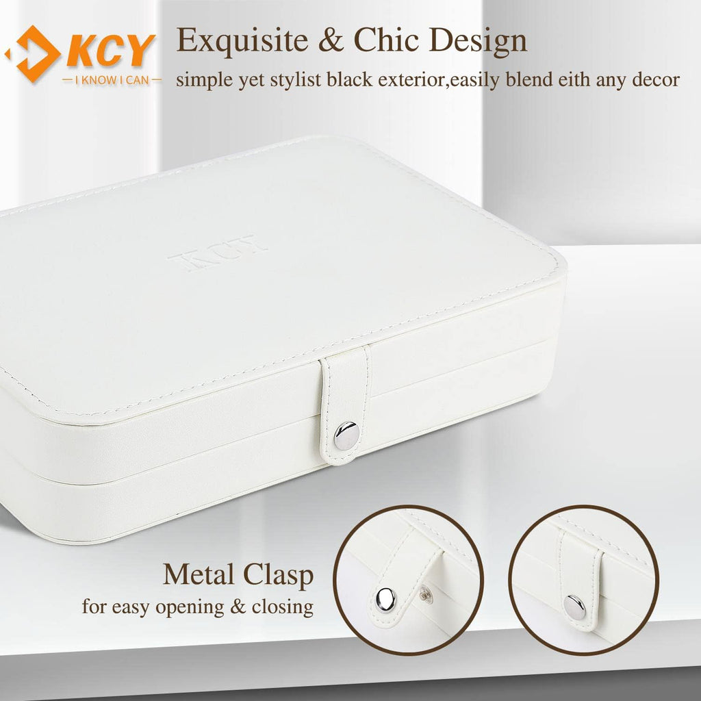 KCY Jewelry Box for Women Girls,Small Travel Jewelry Organizer Case,PU Leather Portable Jewellery Storage Boxes Display Holder for Ring Earrings Necklace Bracelet Bangle, Men Teen Kids Gift, White
