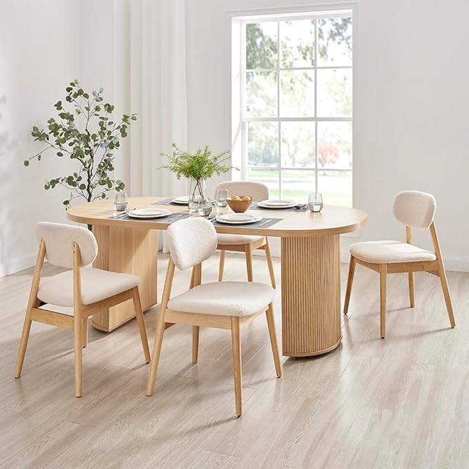 Wooden Dining Chairs Set of 2, Farmhouse Boucle Upholstered Kitchen Chairs, White