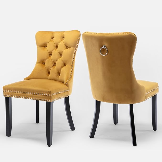 Velvet Upholstered Dining Chairs Set of 2, Modern Style Kitchen Side Chairs with Nailhead Trim and Wood Legs,Metal Pulling Ring for Dining Room Living Room(Gold)