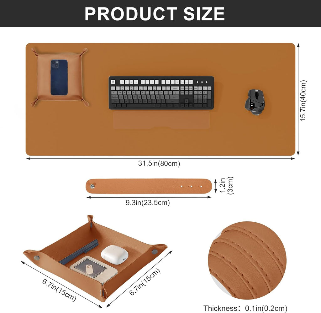 DAWNTREES Dual Sided Desk Mat,Leather Desk Pad,Brown Cork Desk Mat Protector,with PU Leather Valet Tray Organizer,Large Mouse Pad,Desk Writing Pad for Office and Home(31.5"x15.8")