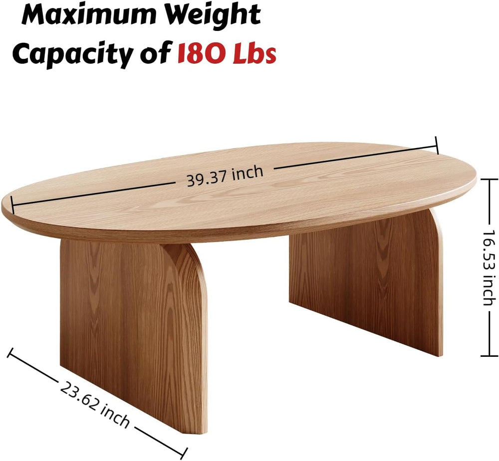Honyee Small Oval Coffee Table, Oak Veneer Top with Solid Legs, Natural