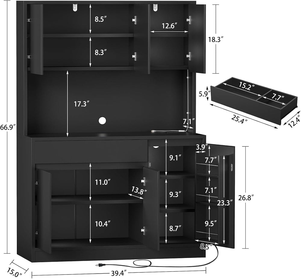TEENFON Pantry Cabinet with Charging Station and LED Light, Kitchen Pantry Ca...