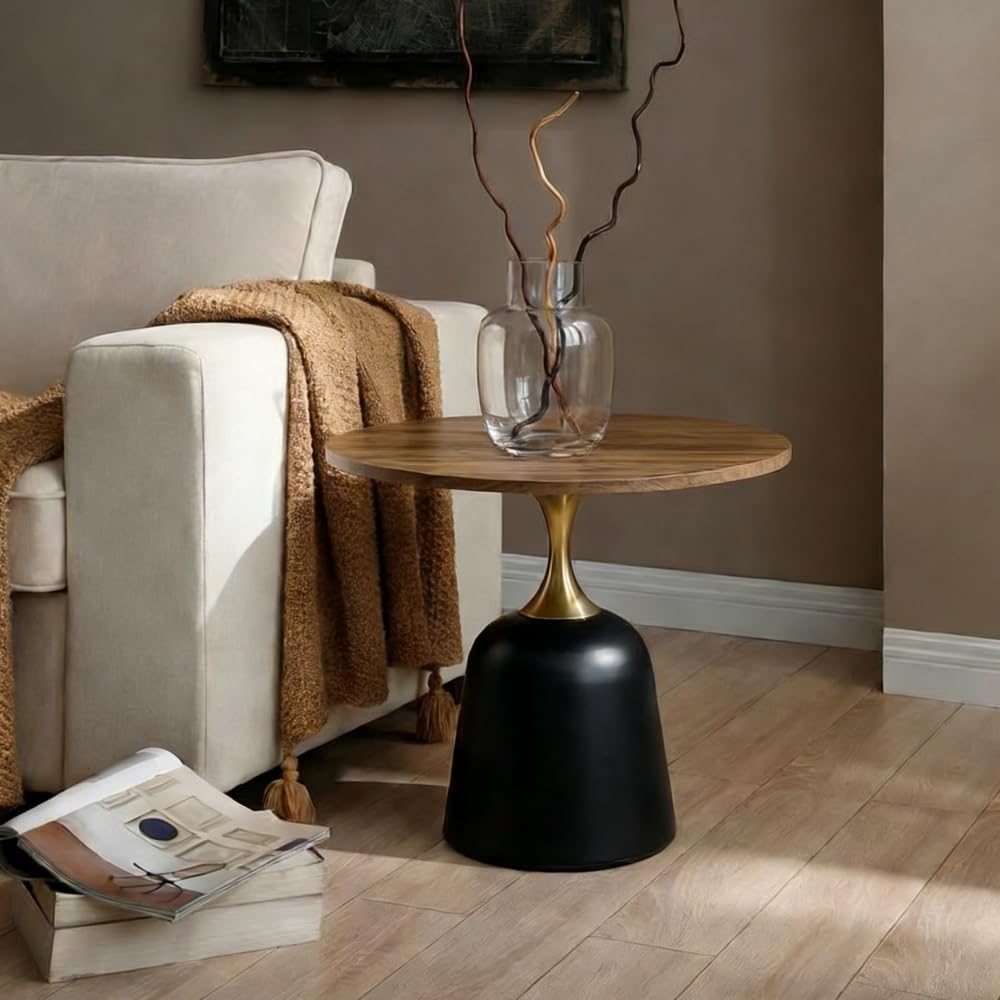 Round Side Table with Walnut Wood Grain Top, Black Metal Base with Gold Accen...