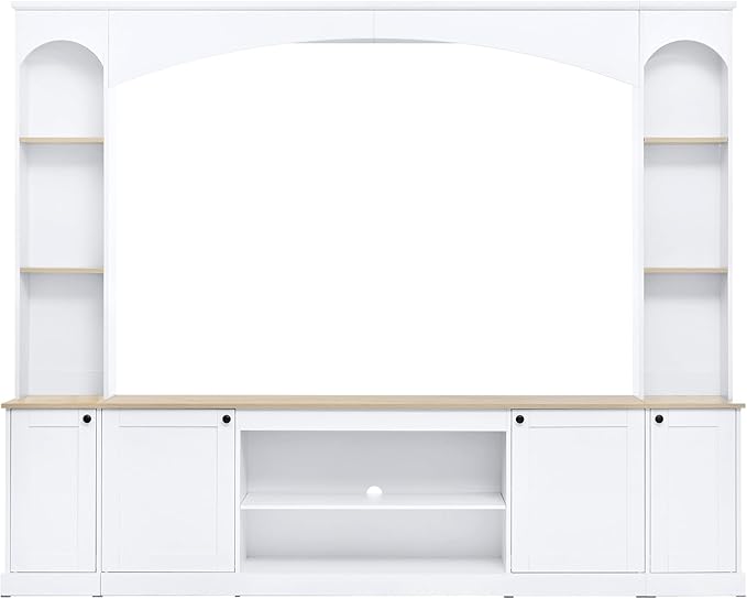 Farmhouse Arched Entertainment Center Wall Unit with Bookshelf, Large TV Stand with Wood Grain for TVs Up to 70", 91inch Media Console with Adjustable Shelves for Living Room (White/F1)