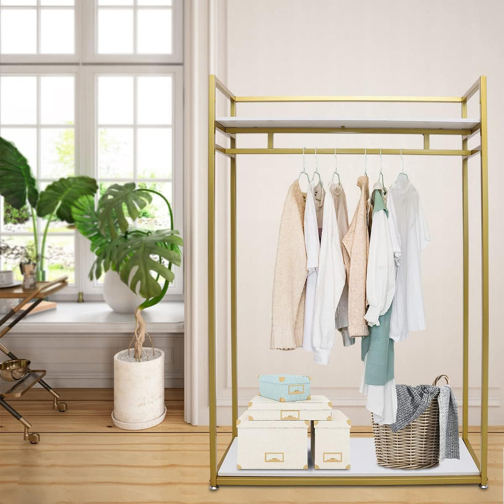 Heavy Duty Clothing Rack with Shelves, Gold Metal Freestanding Garment Rack for Retail Display, Rolling Portable Closet for Hanging Long Dresses Clothes Shoes Bags