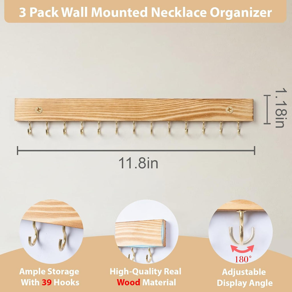 3 Pack Necklace Holder Wall Mounted Hanging Jewelry Organizer, Wooden Jewelry Hanger with 39 Hooks for Necklace Earring Bracelet & Accessories Display, Jewelry Storage Holder for Bedroom Closet Decor