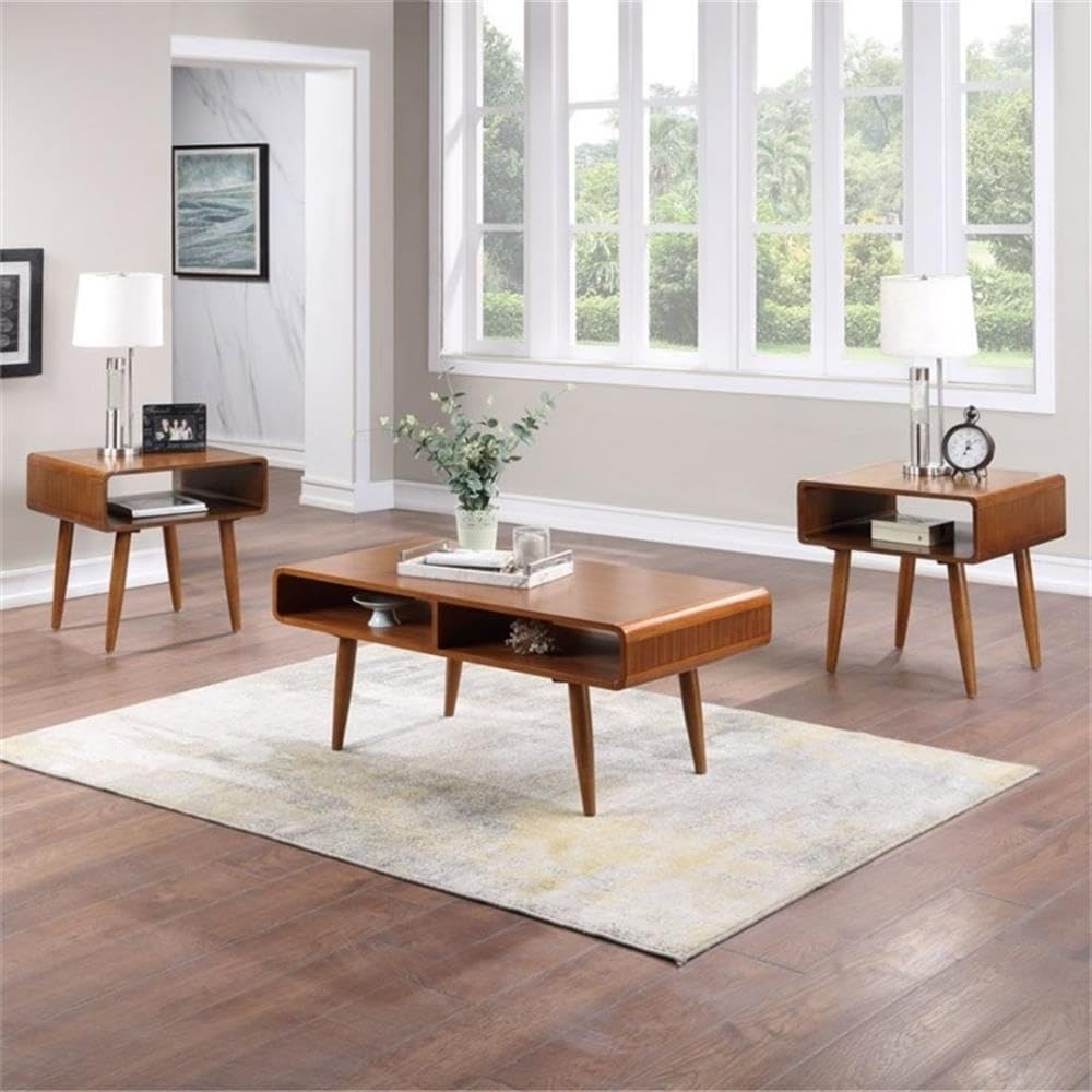 Pemberly Row Mid-Century 3-Piece Table Set, Solid Rubberwood, Rich Walnut Fin...