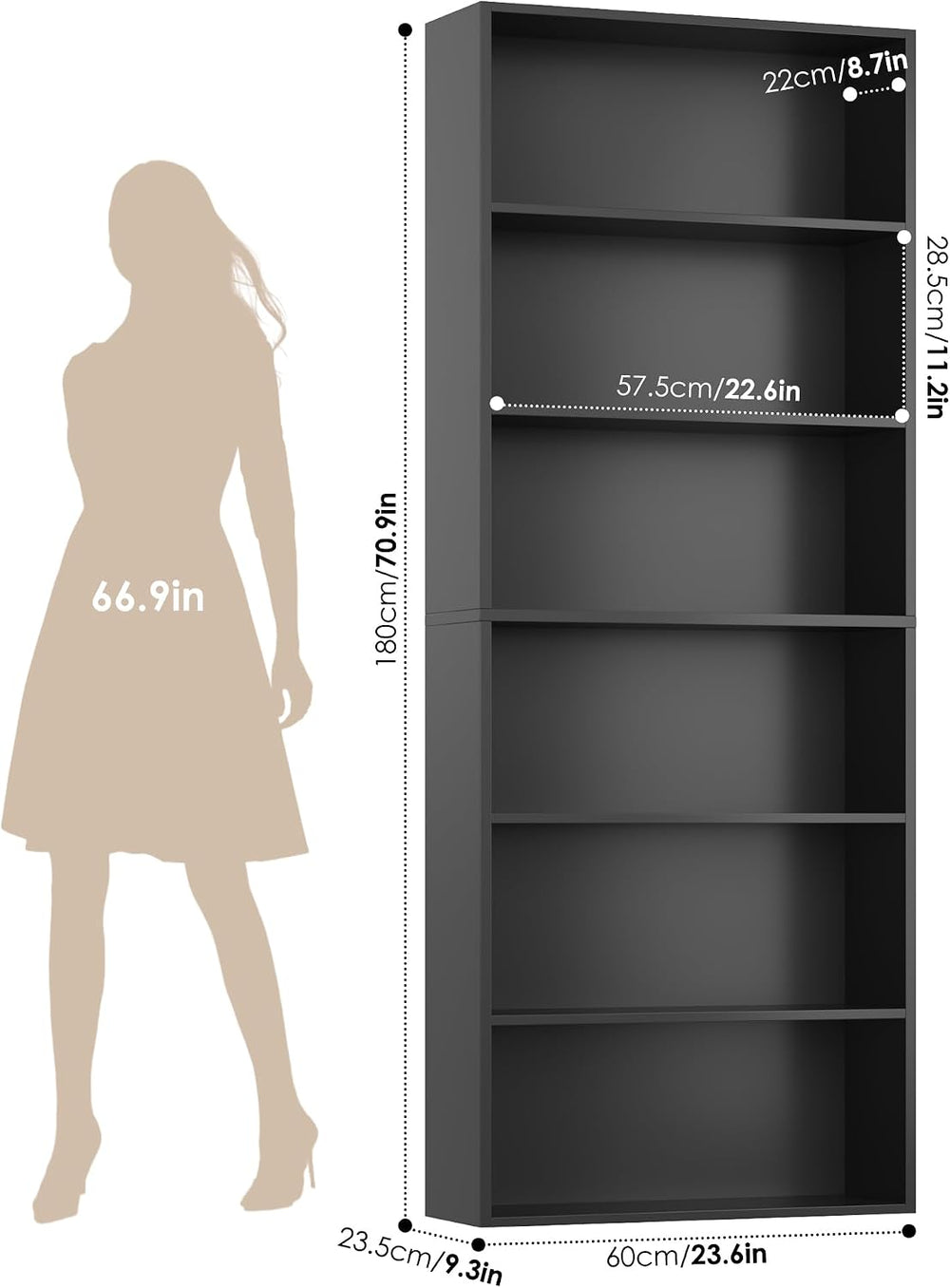 FOTOSOK 6 Tier Tall Bookshelf and Bookcase with Open Display Shelves, Black