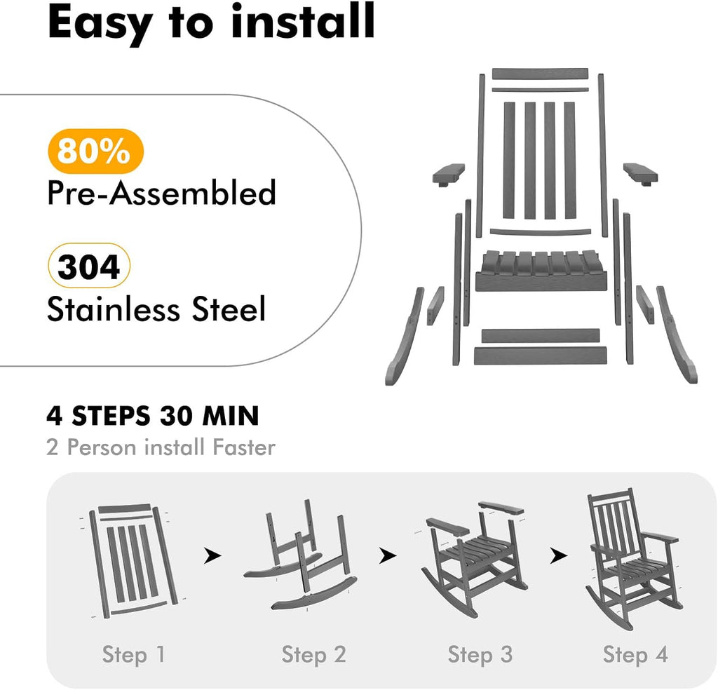 LETKIND Oversized Outdoor Rocking Chairs Set of 2,All Weather Rocker Chair with More Comfortable Seat Panel for Porch Patio Outside(Grey)