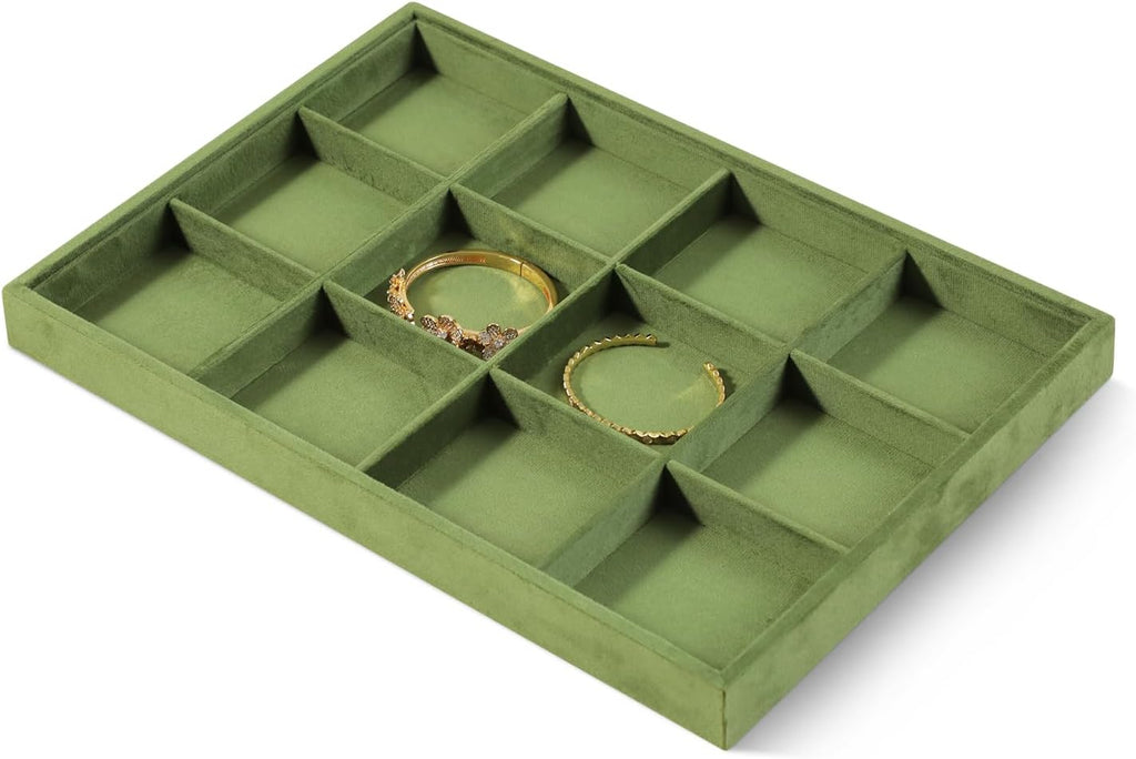 Velvet Stackable Jewelry Display Tray, 12 Grid Watch Bangle Bracelet Storage Tray, Makeup Drawer Insert Jewelry Shop Organizer Plate (Olive Green)