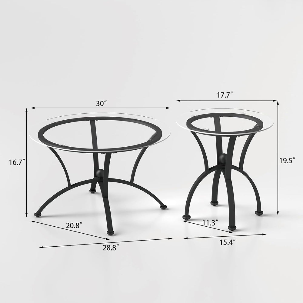 3 Piece Round Glass Coffee Table Set, Black Metal Steel Frame Center Table an...
