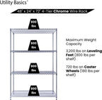 NSF Commercial 4-Tier Wire Shelving with Wheels, 48"x24"x72" Heavy Duty Metal Shelves 3200 lbs Max Capacity, Chrome Storage Rack for Garage Kitchen Pantry Warehouse
