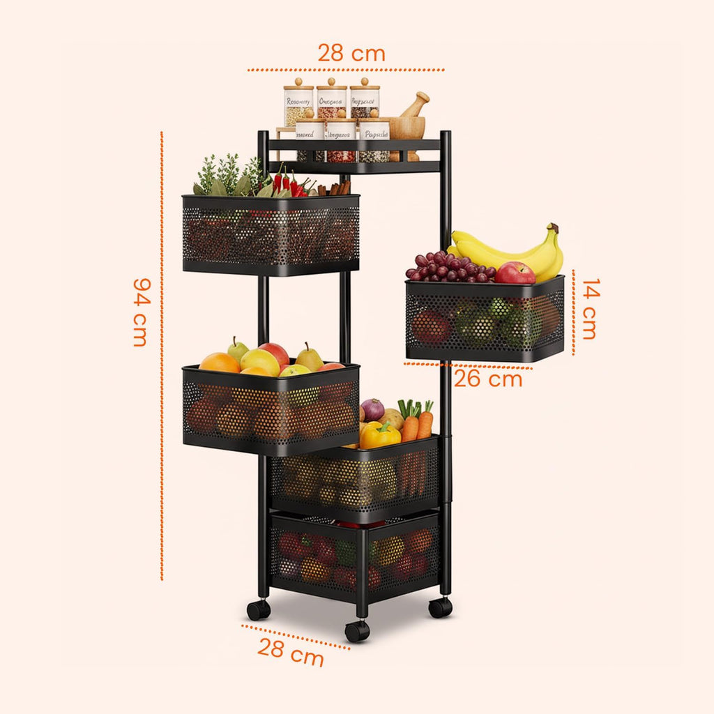Avilia - Multipurpose Folding Trolley with Wheels with Large Baskets and Space-Saving Structure for Kitchen, Bathroom and Office, Folding Design with Brake Wheels (Black Square, 5 Baskets)