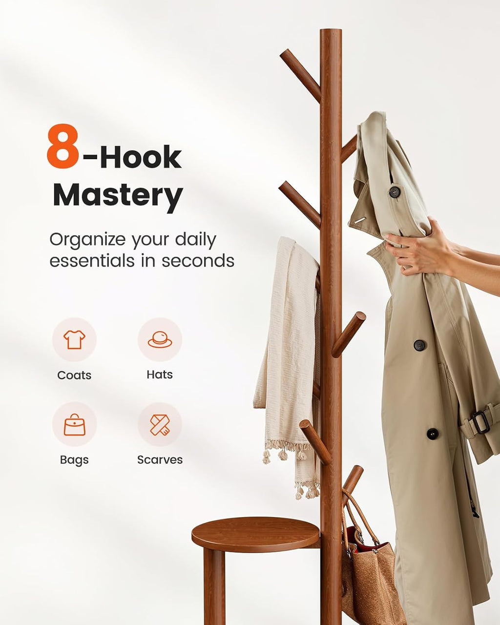 Pipishell Coat Rack, Freestanding Hall Tree with 8 Hooks & Storage Shelf, Solid Wood Base, 66.3″ Tall Coat Rack Stand for Coats, Hats, Bag in Entryway, Bedroom, Living Room, Brown