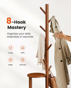 Pipishell Coat Rack, Freestanding Hall Tree with 8 Hooks & Storage Shelf, Solid Wood Base, 66.3″ Tall Coat Rack Stand for Coats, Hats, Bag in Entryway, Bedroom, Living Room, Brown