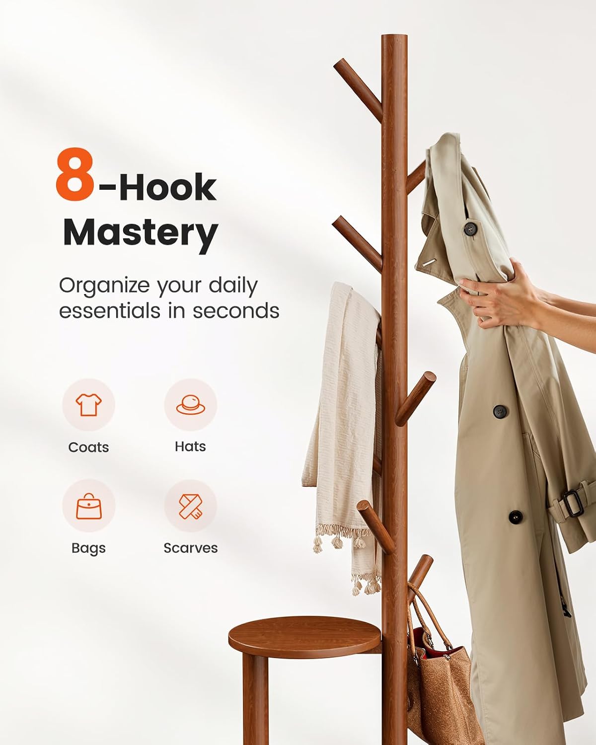 Pipishell Coat Rack, Freestanding Hall Tree with 8 Hooks & Storage Shelf, Solid Wood Base, 66.3″ Tall Coat Rack Stand for Coats, Hats, Bag in Entryway, Bedroom, Living Room, Brown