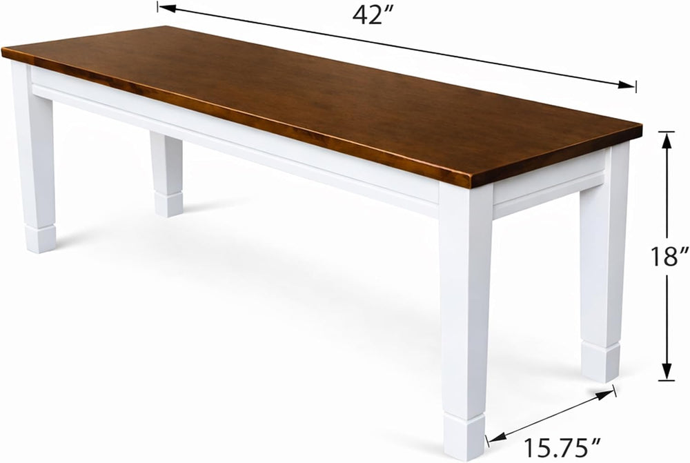 Modern Dining Bench, Dirty Oak/White Finish Solid Rubberwood