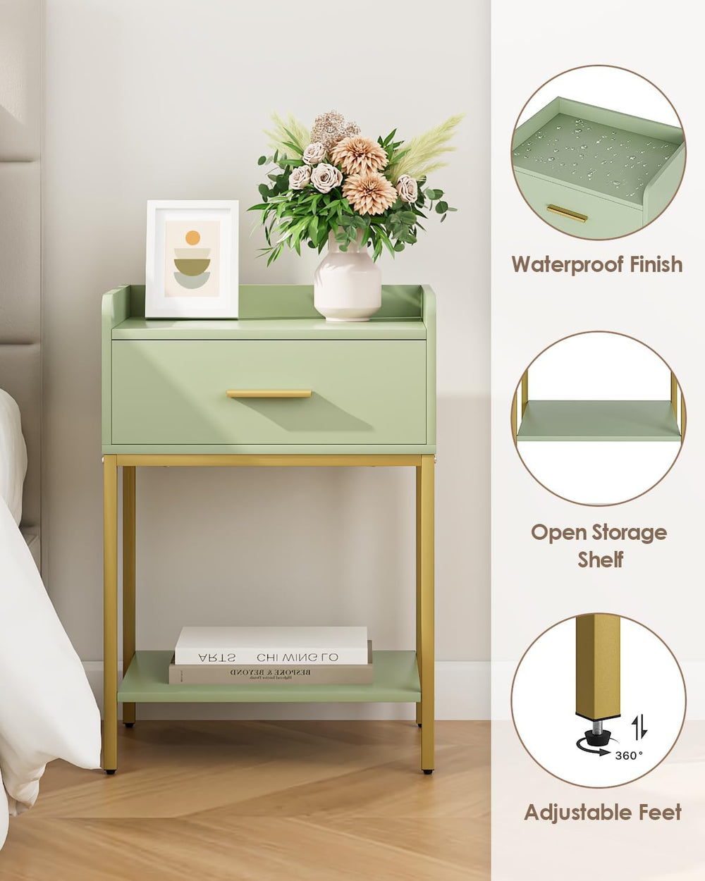 Nightstand,Modern Bedside Table Night Stand with Storage Drawer and Open Shel...