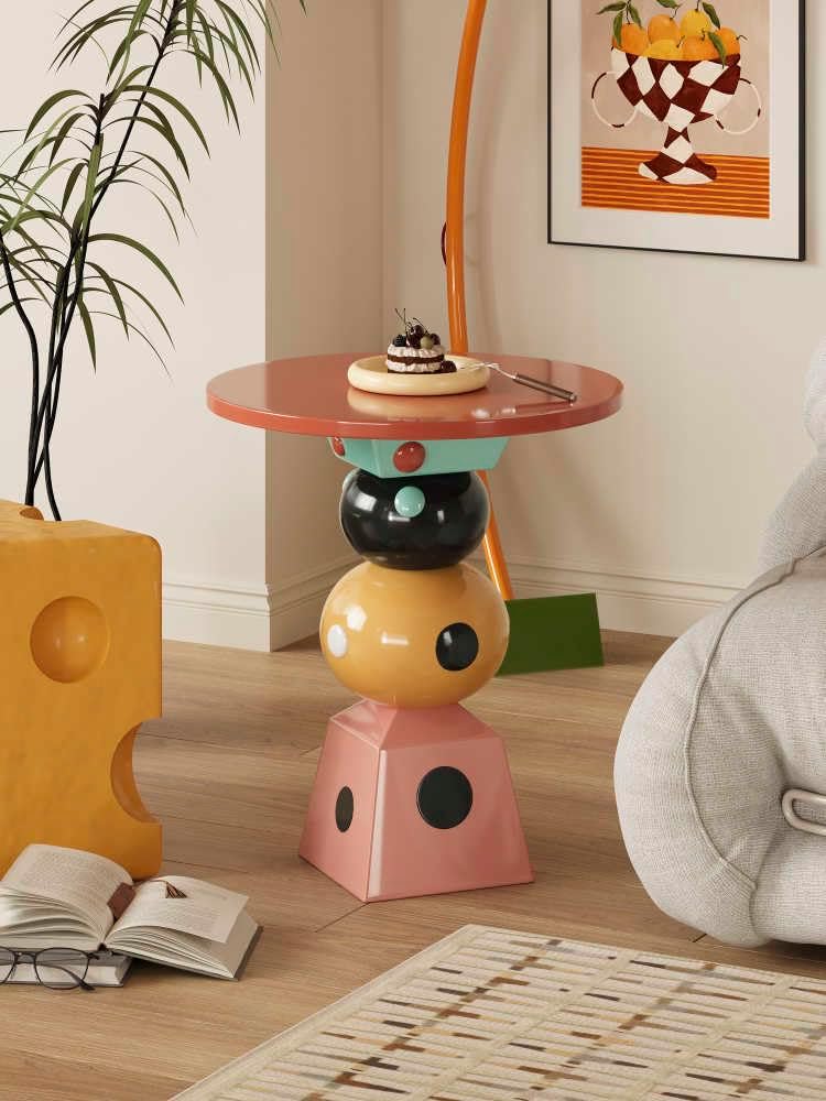 Colorful Stacked Side Table – Modern Memphis Style Geometric Accent Table, Pl...