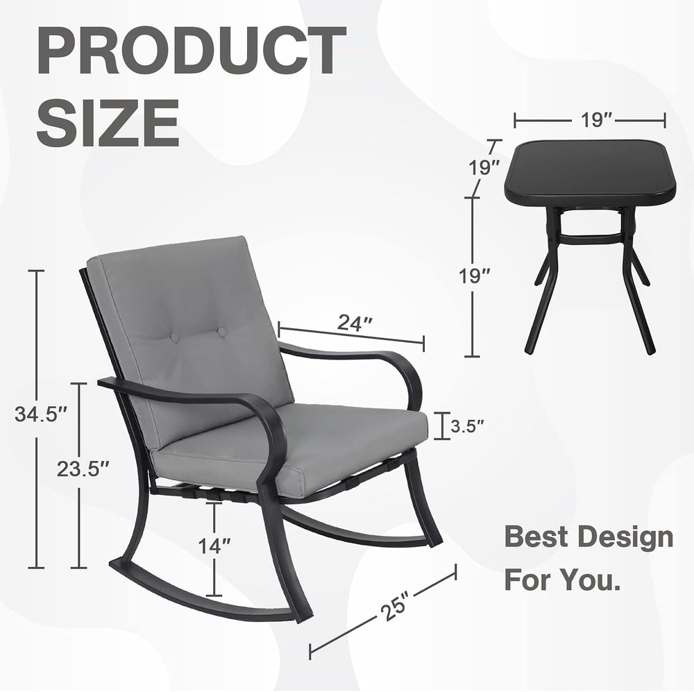 Outdoor 3-Piece Rocking Chairs, Patio Bistro Furniture Set, 2 Black Steel Roc...
