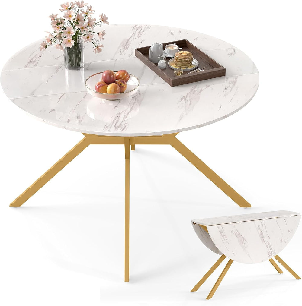 Giantex Folding Dining Table for 4-6 People, 47" Round Drop Leaf Table w...