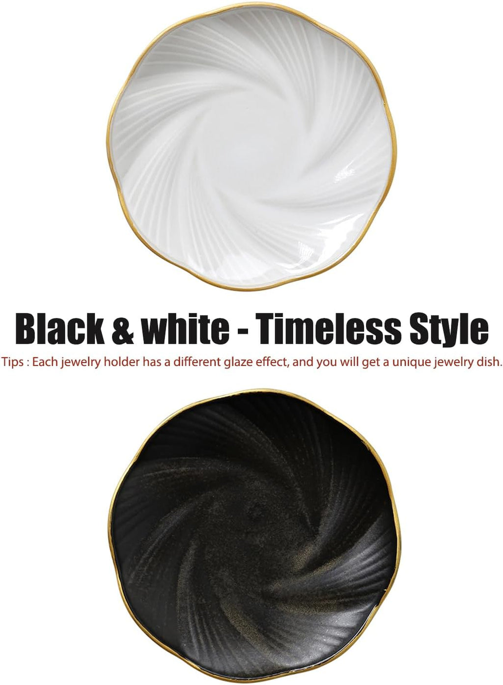 Black Ceramic Jewelry Tray with Gold Edge, 5 Inch Modern Trinket Dish for Rings & Earrings, Minimal Vanity Organizer