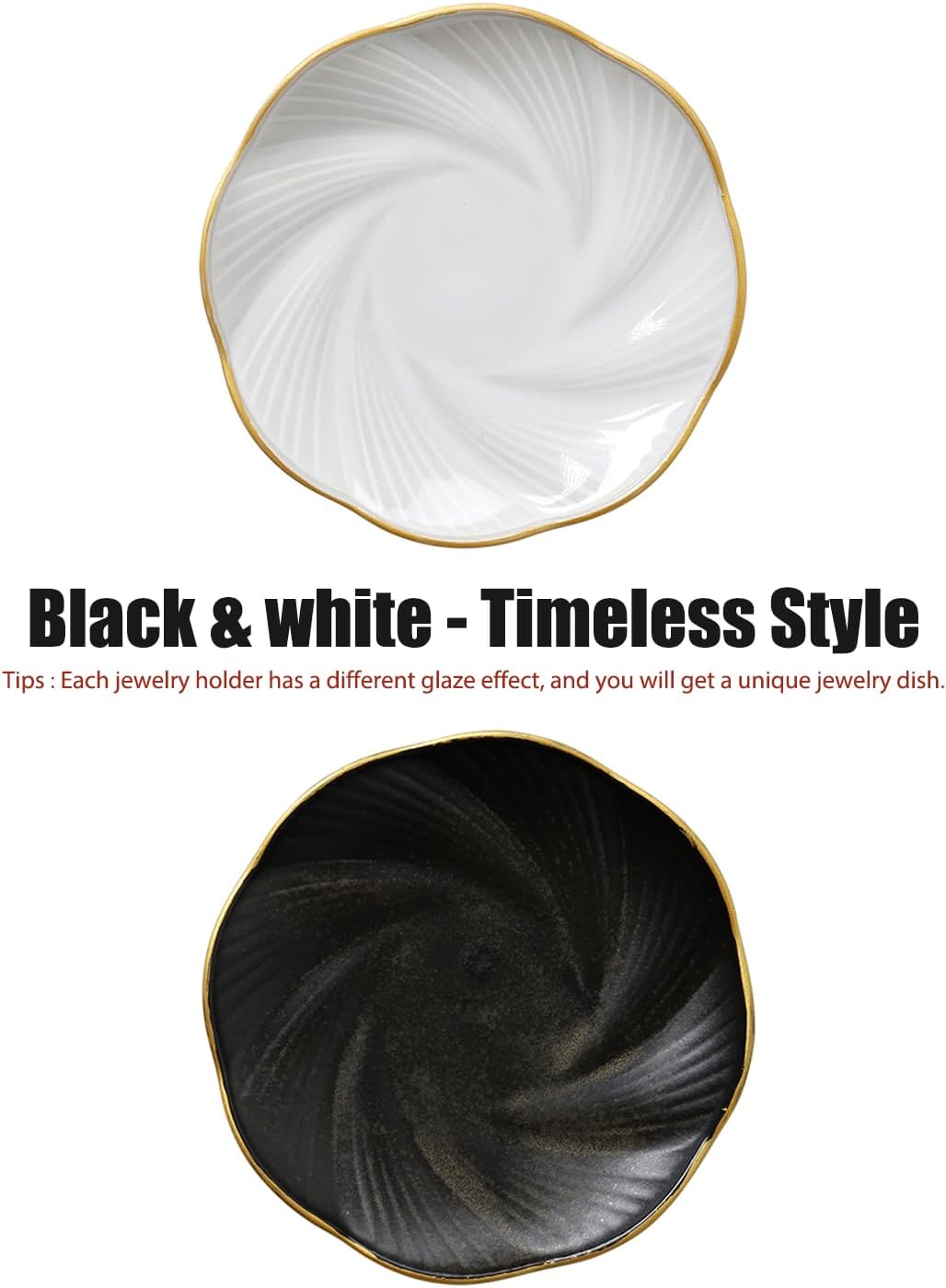 Black Ceramic Jewelry Tray with Gold Edge, 5 Inch Modern Trinket Dish for Rings & Earrings, Minimal Vanity Organizer