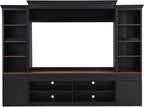 Farmhouse 4-Piece Entertainment Center with Bookshelf for TVs Up to 70", TV Stand with Adjustable Shelves, Mid-Century Media Console with Wine Rack for Living Room (Black+Dark Walnut1)