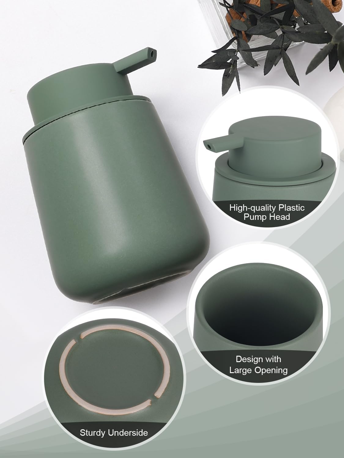 INGOFIN 3 Pcs Ceramic Bathroom Accessory Set - Foam Soap Dispenser, Toothbrush Holder & Tray, Bathroom Counter Set, Countertop Essentials for Home, Guest Bathroom, or Office Use, Matte Green
