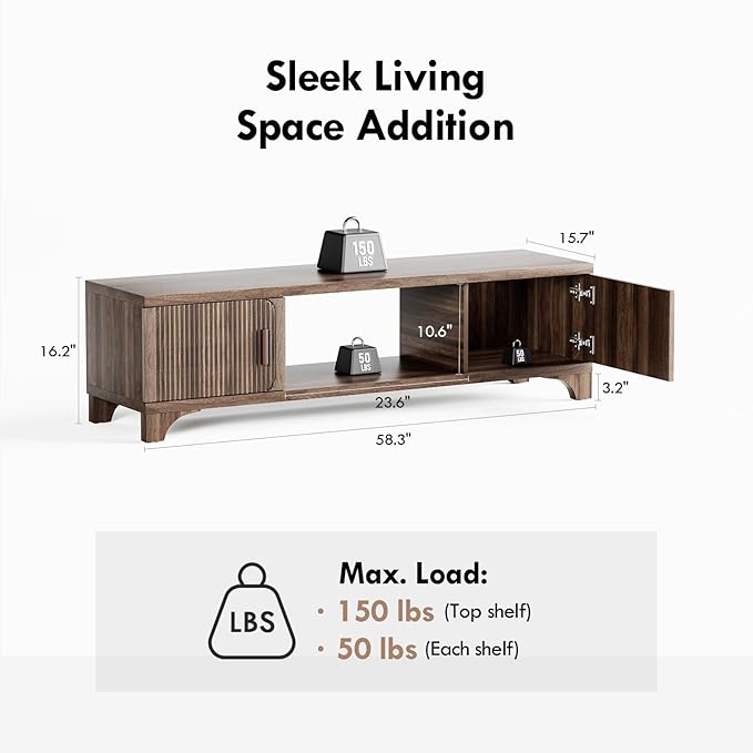 Mid Century Modern TV Stands for 55/60/65 Inch TV Boho Media Console for Living Room Fluted TV Entertainment Center with Storage Wood Television Cabinet for Bedroom