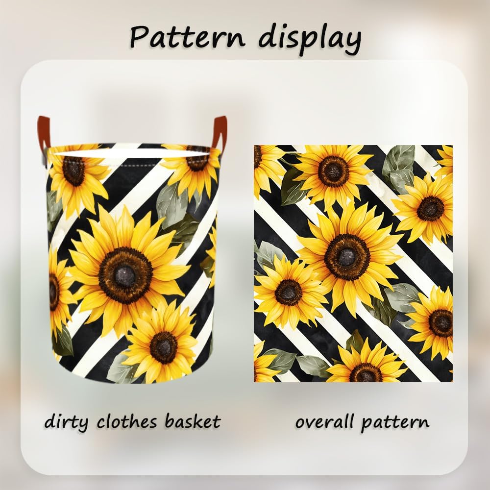 Laundry Baskets 15.7x19.7 Inch Large Sunflower Striped Design Collapsible Laundry Hamper with Handles Oxford Fabric Clothes Storage Bin Foldable Dirty Clothes Organizer for Bedroom Bathroom Dorm