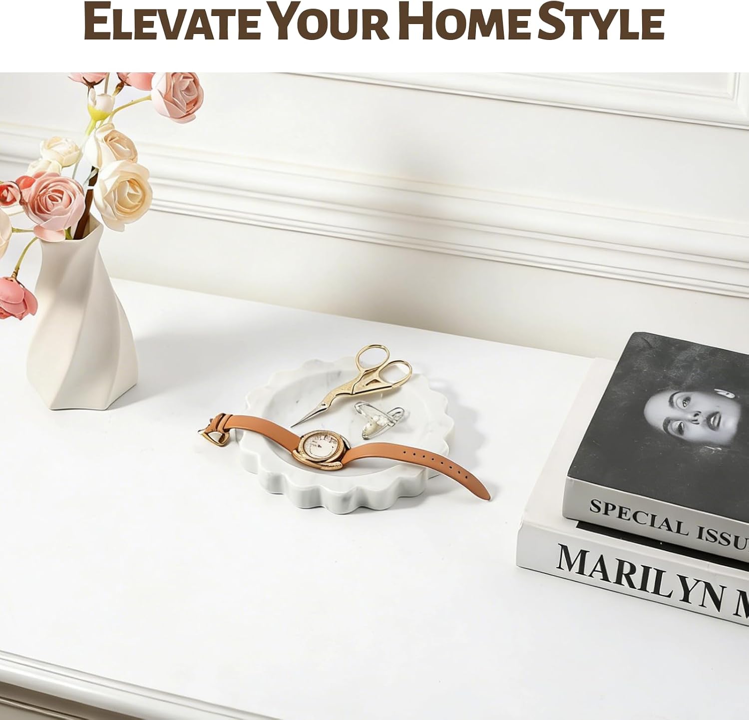 5.51" Scalloped Marble Tray, Round Stone Jewelry Trinket Dish for Ring, Natural Small Marble Tray for Bathroom Kitchen Dresser Countertop, Decorative Candle Tray(Bianco Carrara)
