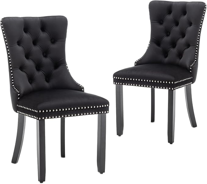 Velvet Dining Chairs Set of 2,Upholstered Dining Chairs with Ring Pull Trim and Button Back,Modern Seating for Kitchen, Bedroom & Living Room(Black)