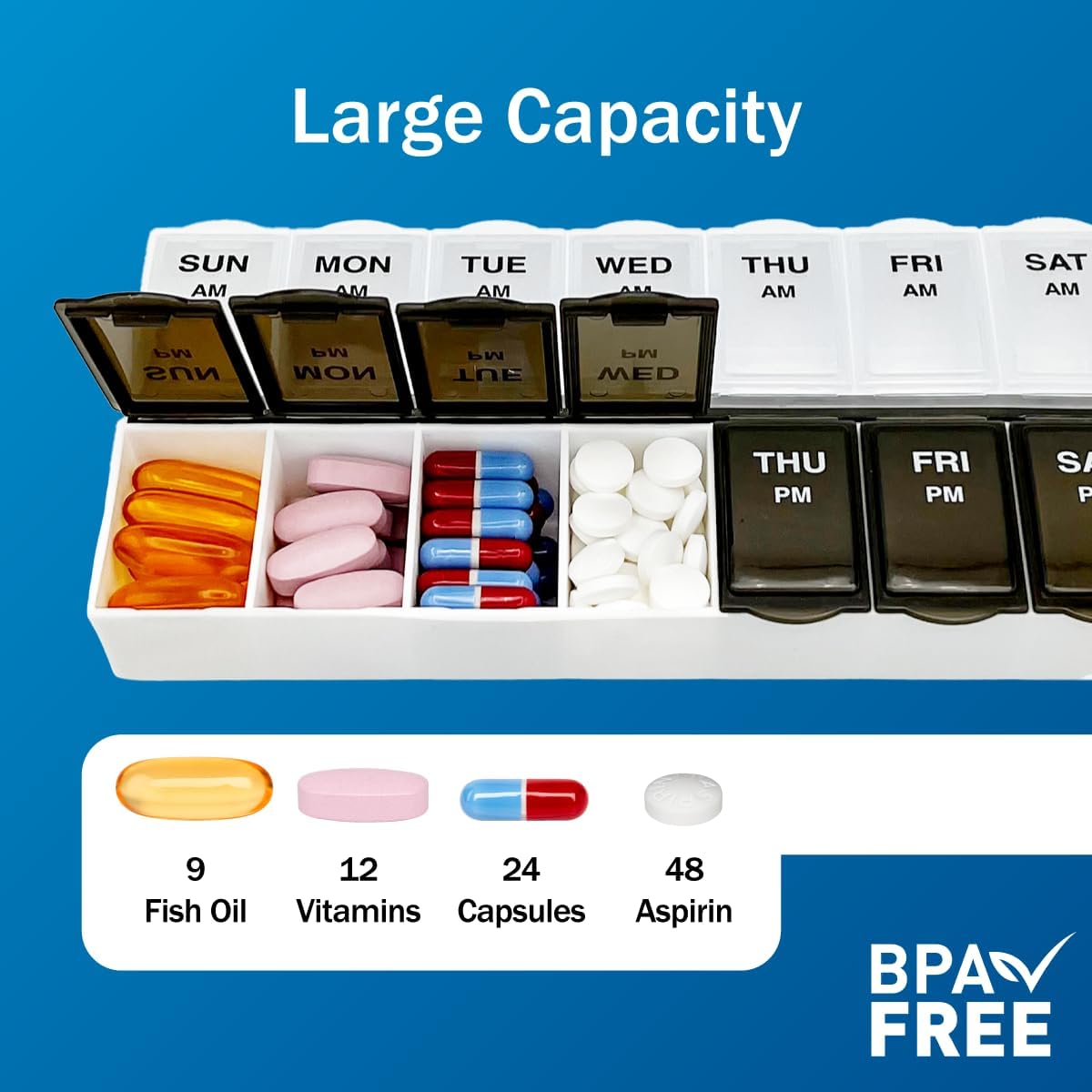 Amazon Basic Care 7-Day AM/PM Pill Organizer | Large Compartments | 2 Times Daily | Black and Clear Lids | Pack of 2