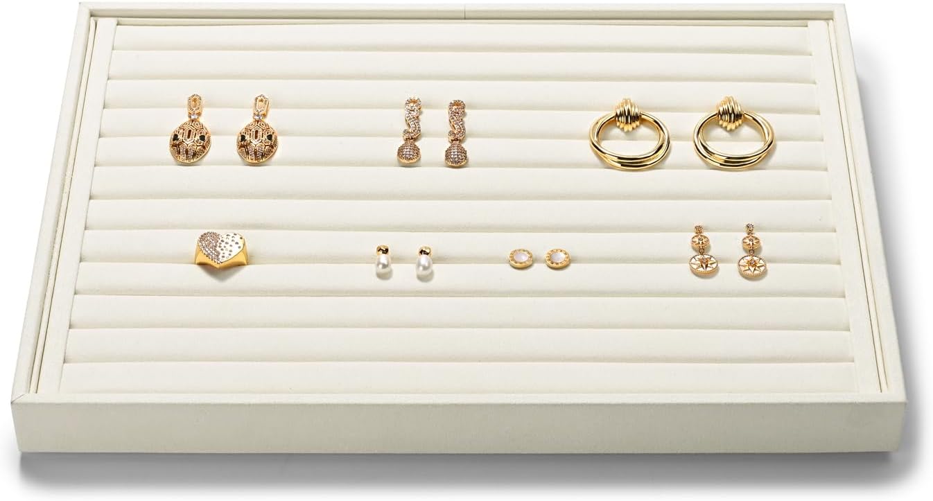 7-Slot Microfiber Ring & Earring Tray Organizer (Beige)