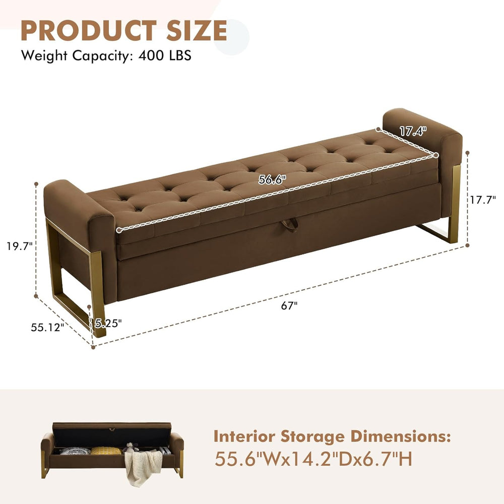 67" Storage Bench for Bedroom, King Size End of Bed Bench, Upholstered S...