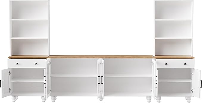 Ball & Cast Farmhouse TV Stand with Bookshelves for TVs up to 70", Media Console w/Tempered Glass Doors & Solid Wood Gourd-Shaped Legs, Entertainment Center for Living Room,White+Natural