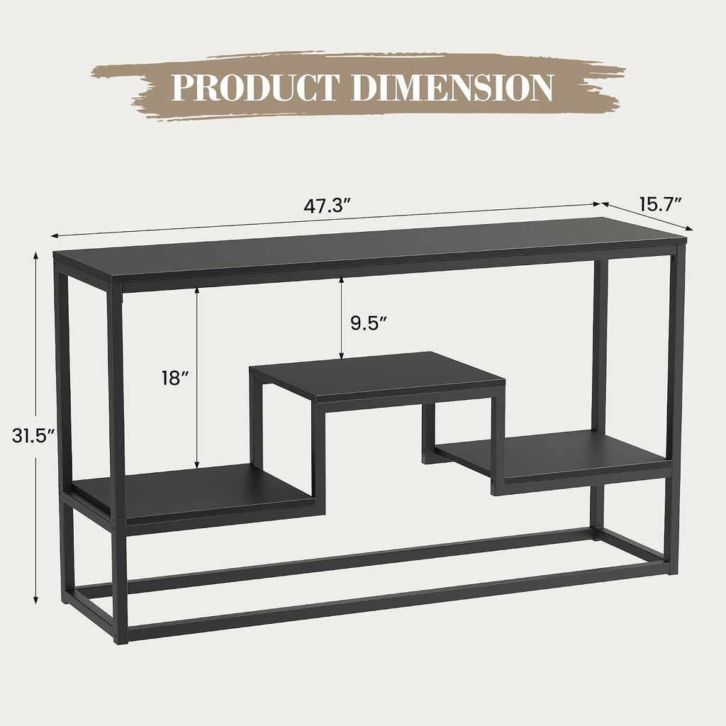 YOUDENOVA TV Stand for 47" TV, 3-Tier Storage Shelves, Black | Industrial TV console with open storage shelves, ideal for TVs up to 55" in living room.