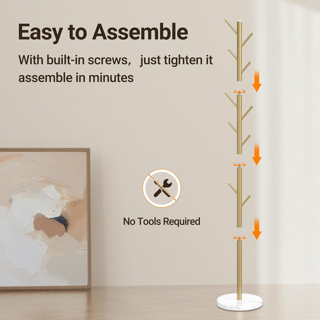 ELYKEN Coat Rack Freestanding with Natural Marble Base, Metal Coat Rack Stand with 10 Hooks, 3 Adjustable Size Coat Tree for Bags, Clothes, and Hats for Entryway, Bedroom, Hallway, Office, Gold