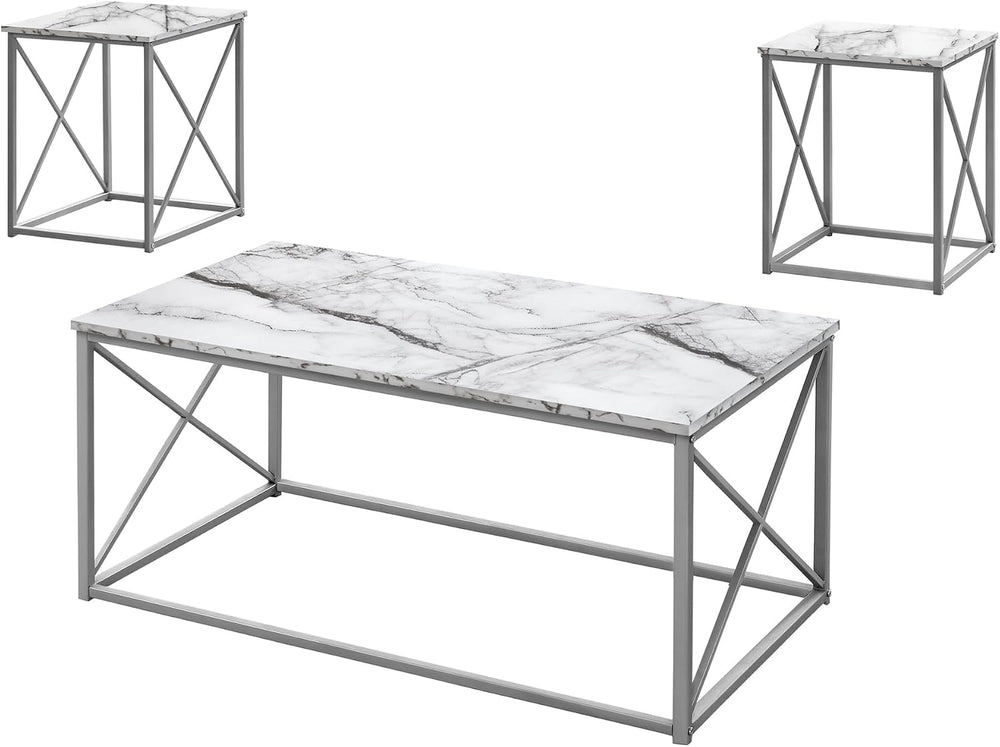 3-Piece Modern Table Set with White Marble Look Laminate and Grey Metal | Gre...