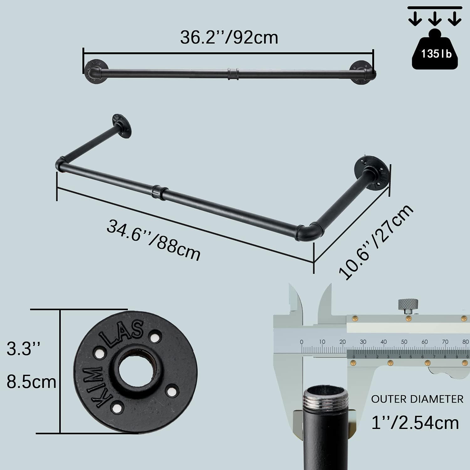 Industrial Pipe Clothes Rack with 3 S-Shaped Hooks, 36’'L Wall Mounted Garment Rack, Heavy Duty Iron Garment Bar, Clothes Hanging Rod Bar for Laundry Room, Max Load 135Lb Black (2 Package)